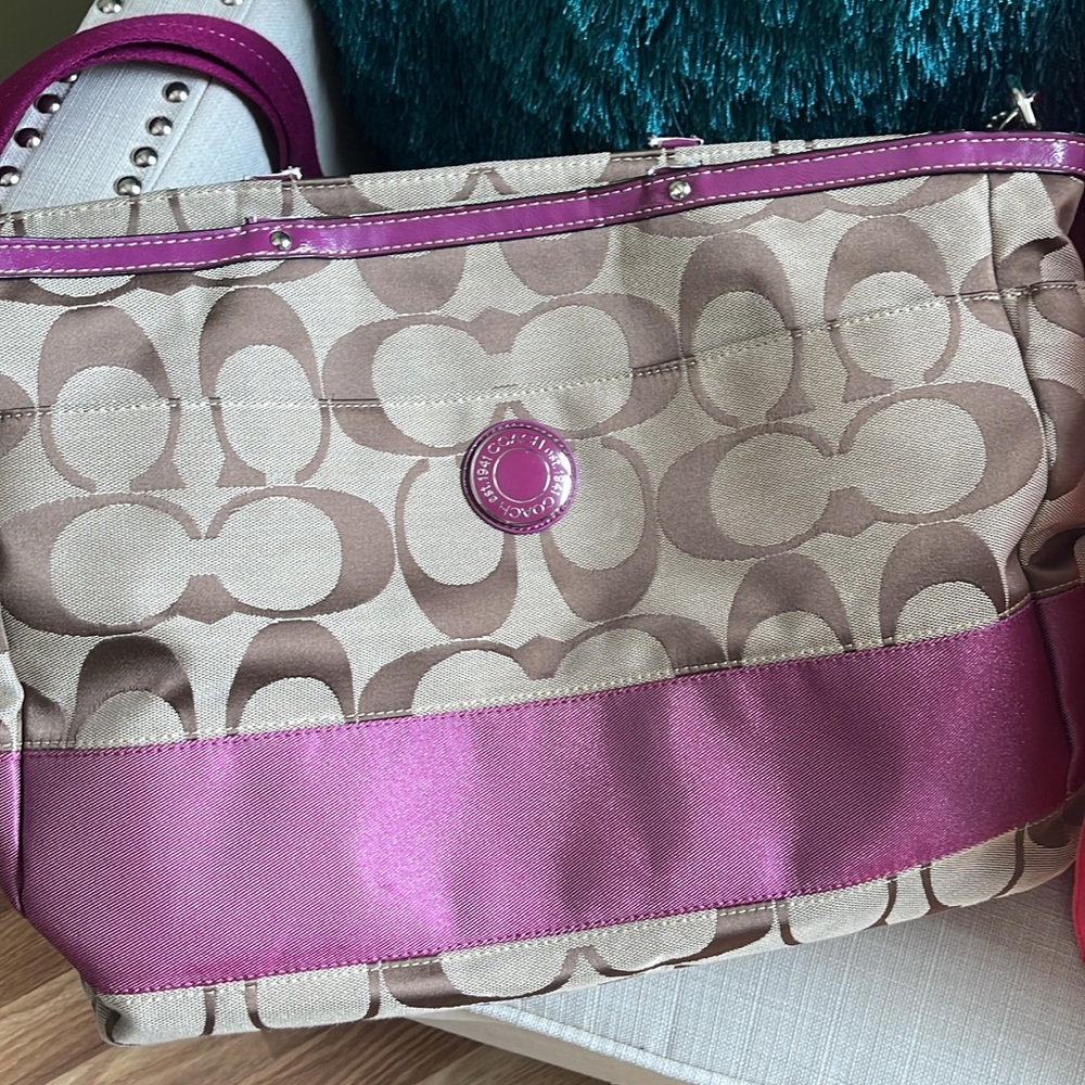 Coach Beige Signature Shoulder Bag with Pink Trim